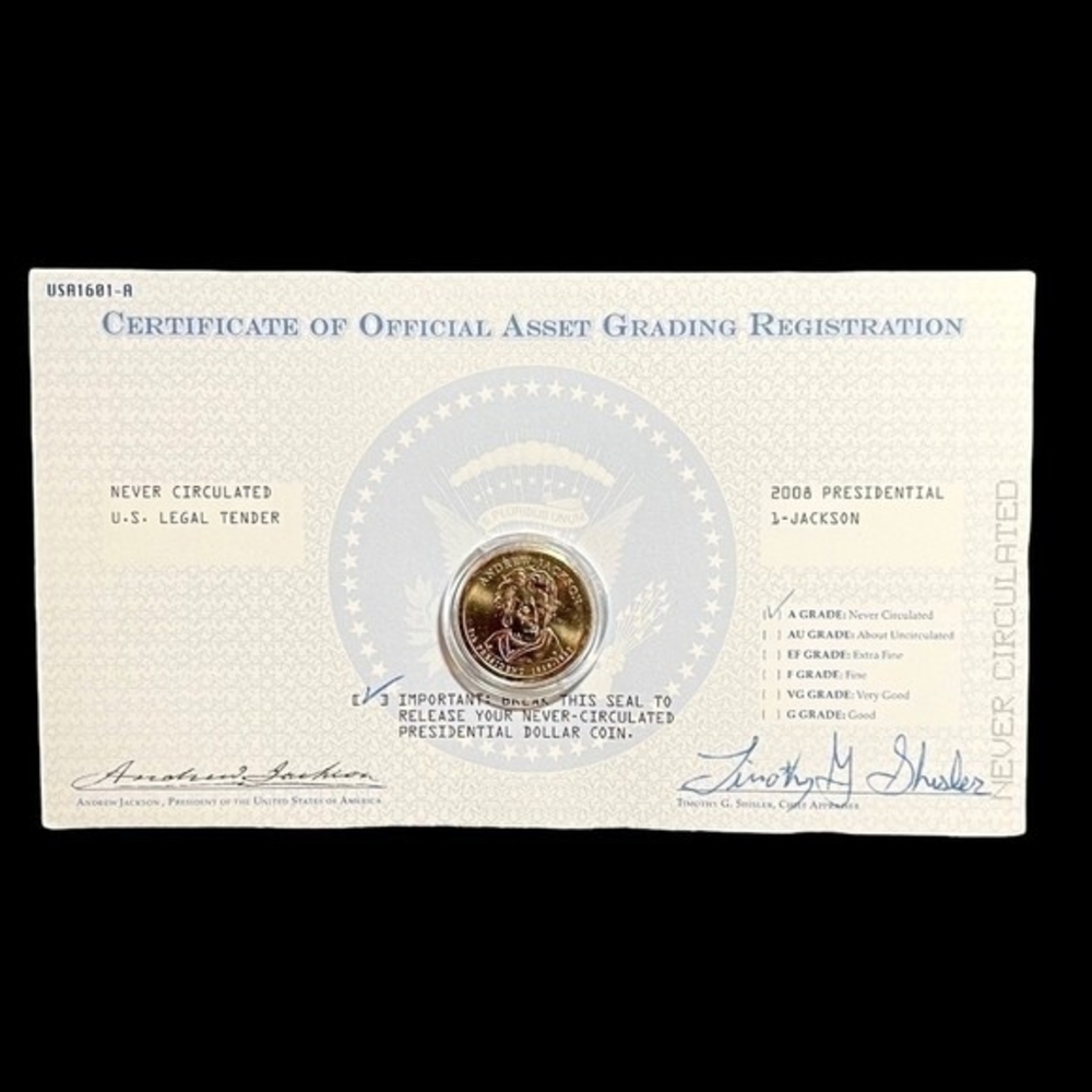 2008 Presidential Andrew Jackson Dollar Coin Certificate Asset Grading NIB